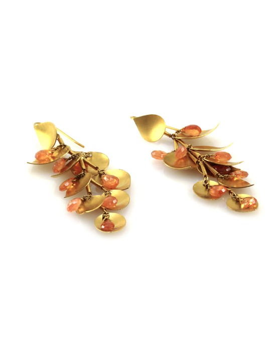 Briolette Golden Beryl Drop Earrings with Leaf Motif in 18K Yellow Gold